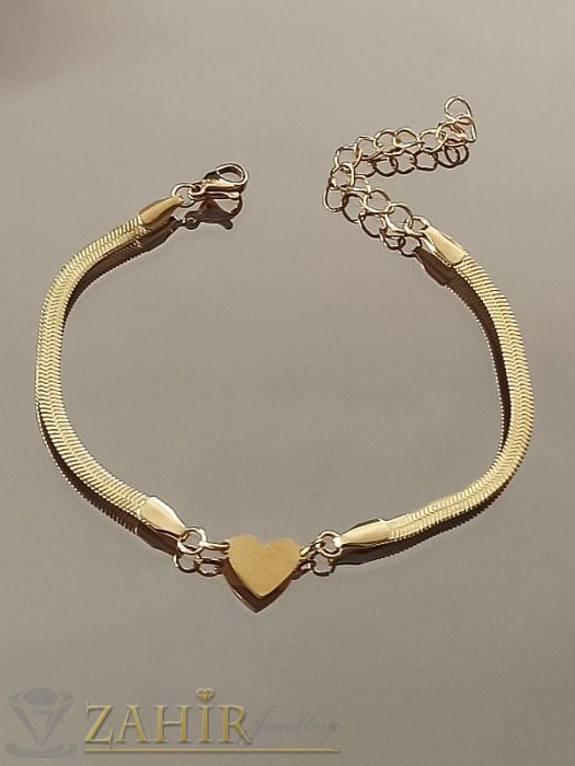Дамски бижута - Нежно полирано сърце 1 см на гривна за глезен или ръка плоска змийска плетка,стомана със златно покритие - GK1393